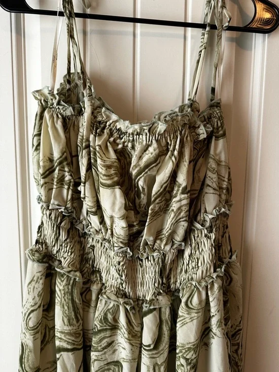 ARULA Olive Green and Cream Marble-Print Smocked Spring Party Flowy Midi Dress - Picture 8 of 10